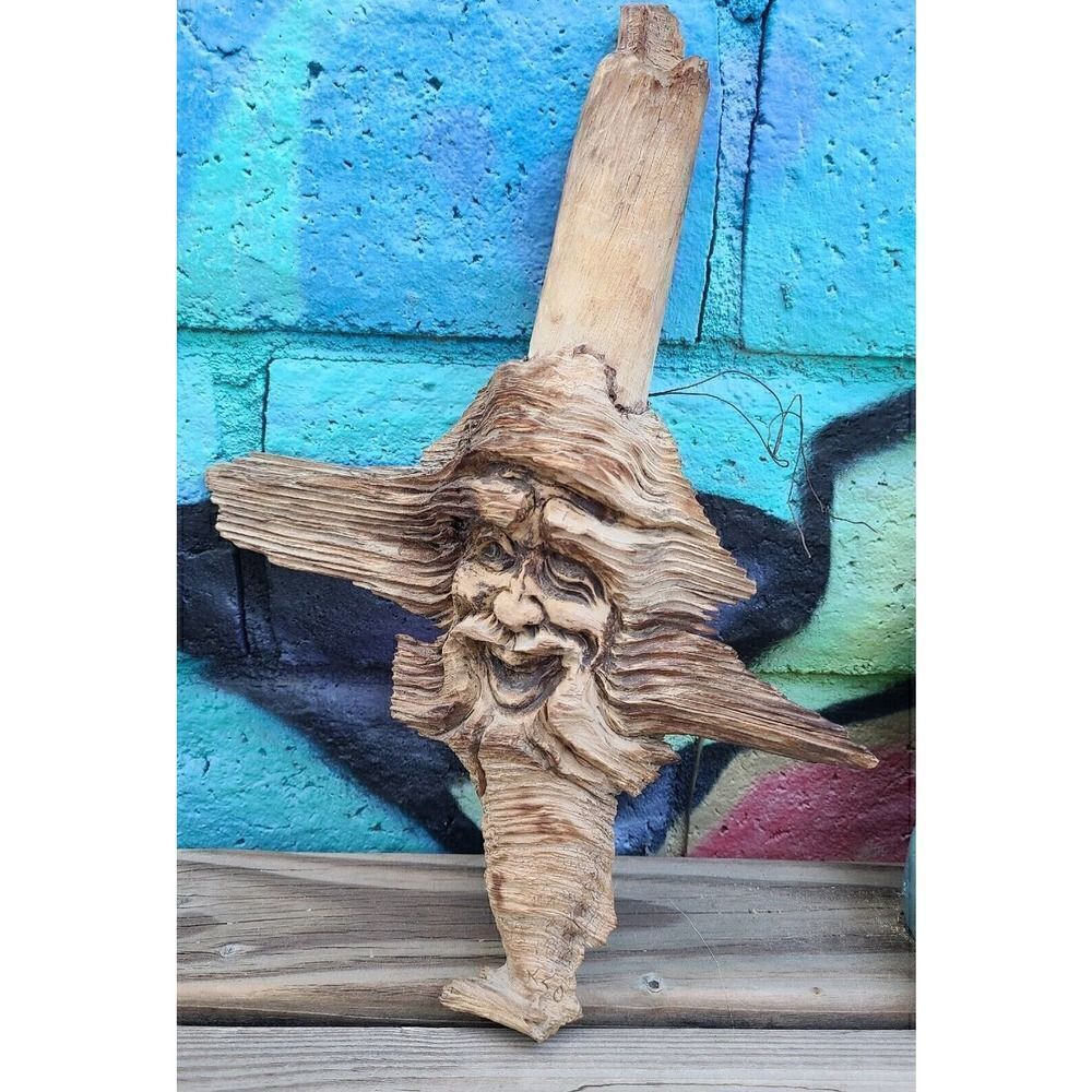VTG 80s Carved Wood Old Man Signed Sylvia 14.5" Tall Wood Carving Yard Art EUC